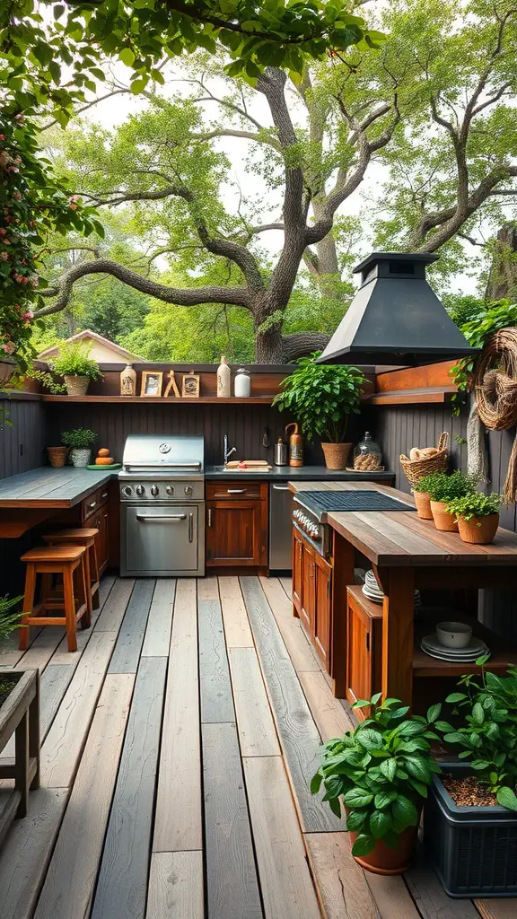 25 Stunning Outdoor Kitchen Flooring Ideas You’ll Love 10 Outdoor kitchen with rustic wood decking and natural greenery.