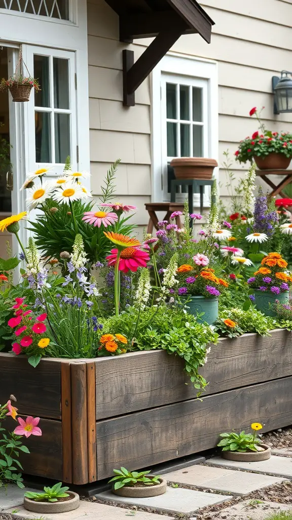 25 Beautiful Raised Flower Bed Ideas for Your Front House 2 A rustic wood planter box filled with colorful flowers in front of a house.