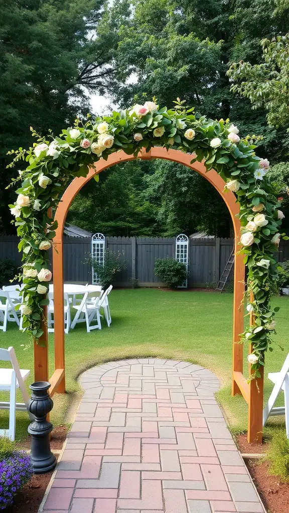 23 Charming Small Backyard Wedding Ideas for Your Dream Celebration 2 A rustic wooden arbor decorated with greenery and flowers in a backyard setting