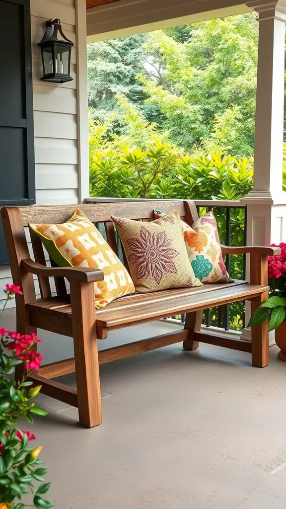 21 Creative Front Porch Bench Ideas for a Warm Welcome 10 A rustic wooden bench with colorful cushions on a front porch surrounded by flowers.