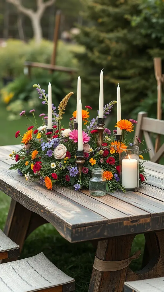 A rustic wooden table adorned with a floral centerpiece featuring tall candles and vibrant flowers.