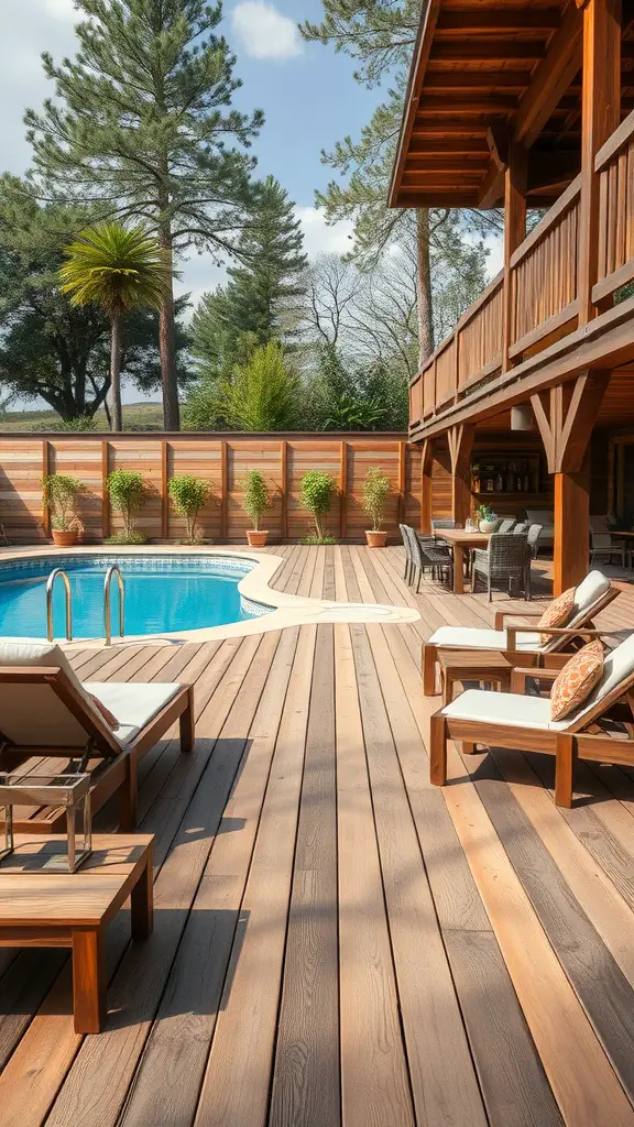21 Creative Pool Patio Ideas to Elevate Your Outdoor Space 5 A rustic wooden decking surrounding a pool area with lounge chairs and a view of lush trees.