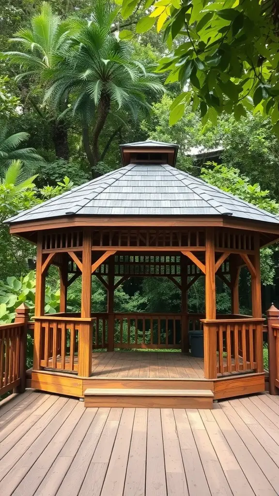 17 Stunning Gazebo Deck Ideas for Your Outdoor Oasis 7 A rustic wooden gazebo on a deck surrounded by greenery