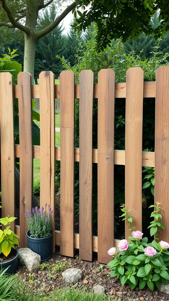 21 Creative Garden Fence Ideas to Transform Your Outdoor Space 9 A rustic wooden pallet fence with potted flowers in front.