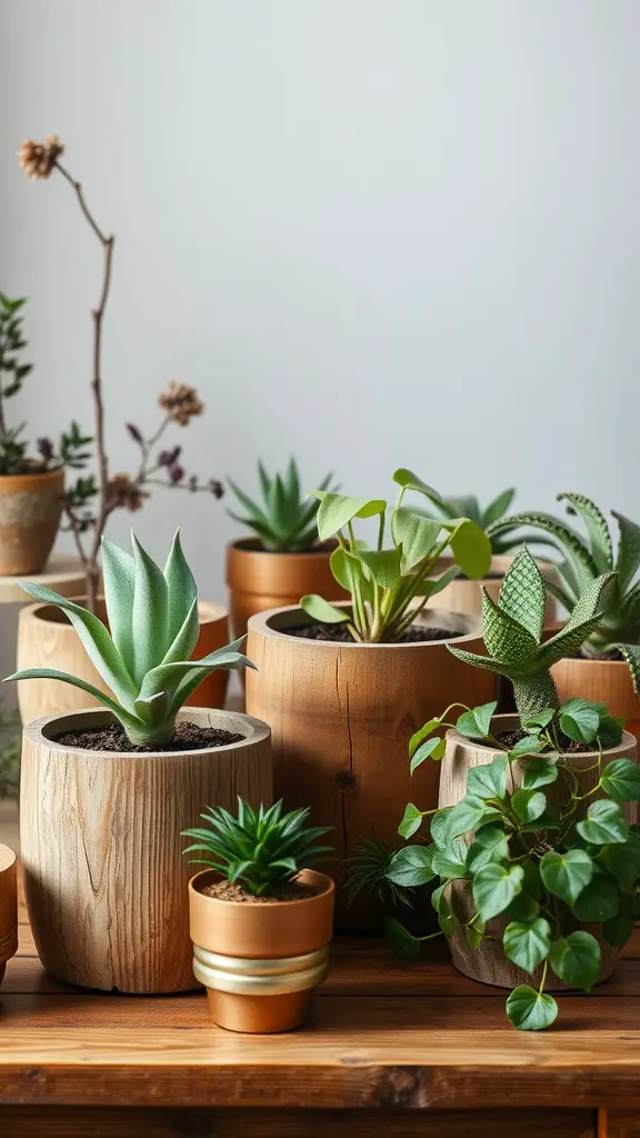 15 Stunning Indoor Flower Pot Ideas for Your Home 4 A variety of plants in rustic wooden planters on a wooden surface.