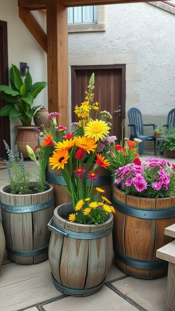 19 Stunning Patio Plant Ideas for Container Gardening 13 Rustic wooden pots filled with colorful wildflowers on a patio.