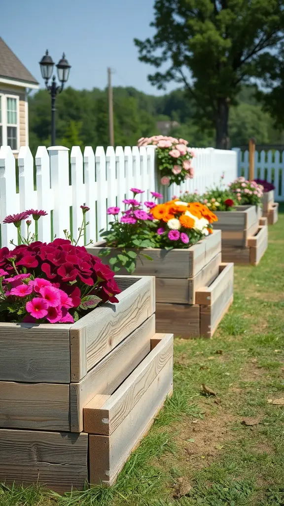 17 Creative Raised Flower Bed Ideas for Your Fence Garden 5 A row of rustic wooden raised flower beds filled with colorful flowers along a white fence.