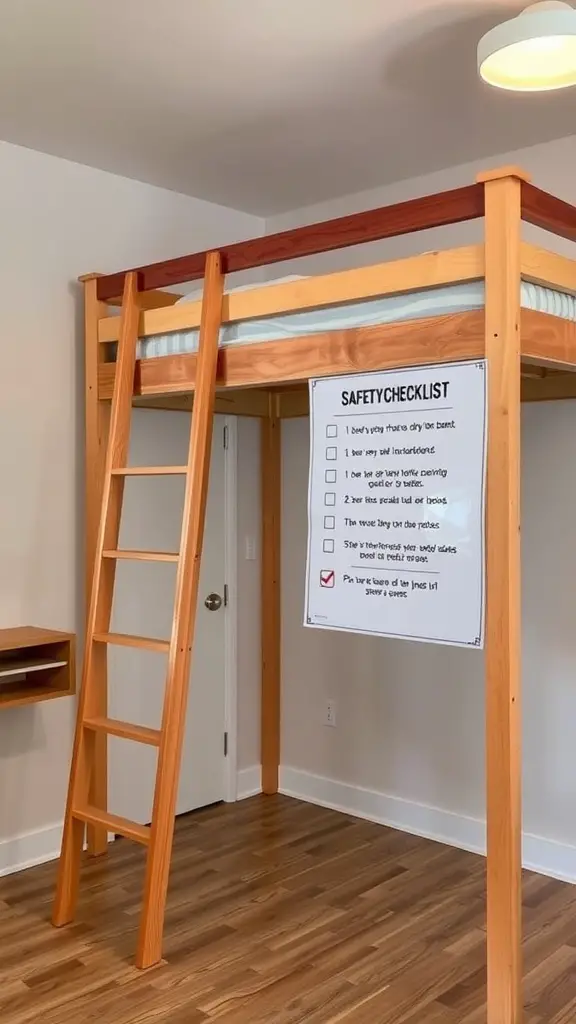 21 Creative Lofted Dorm Bed Ideas for Small Spaces 8 A lofted bed with a ladder and a safety checklist hanging on the wall.