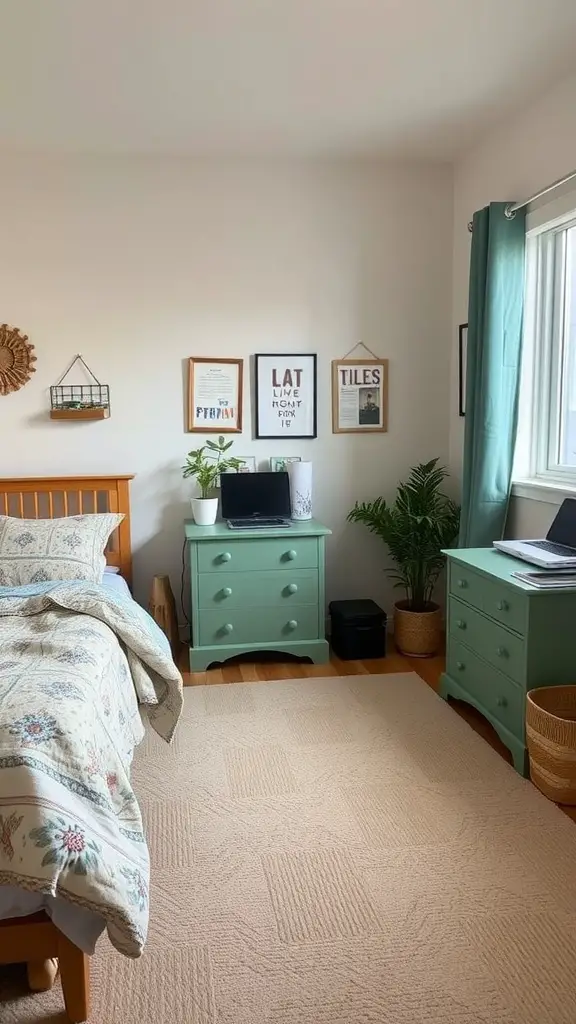 Image of a cozy dorm room featuring sage green accent furniture, including a nightstand and dresser, paired with a wooden bed frame and plants.