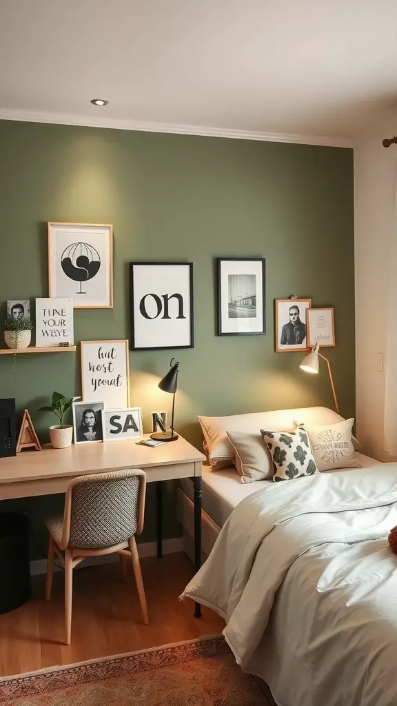 A cozy dorm room with a sage green accent wall, a desk with framed artwork, and a bed with soft bedding.