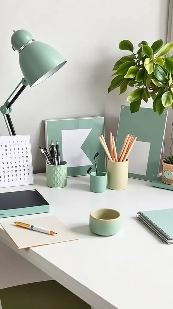 A stylish desk setup with sage green lamp, accessories, and a plant.