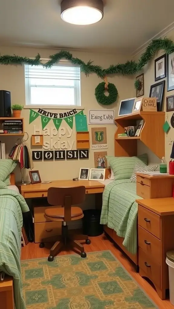 A cozy dorm room featuring sage green bedding, wooden furniture, and personal decorations