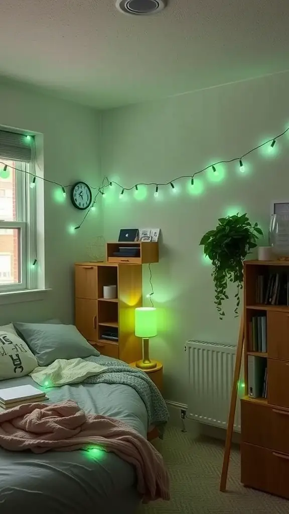 A dorm room with sage green string lights illuminating the space, creating a cozy atmosphere.