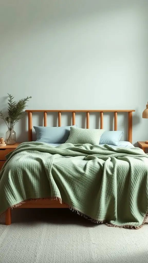 A cozy bed with a sage green throw blanket, complemented by blue pillows and a wooden headboard.