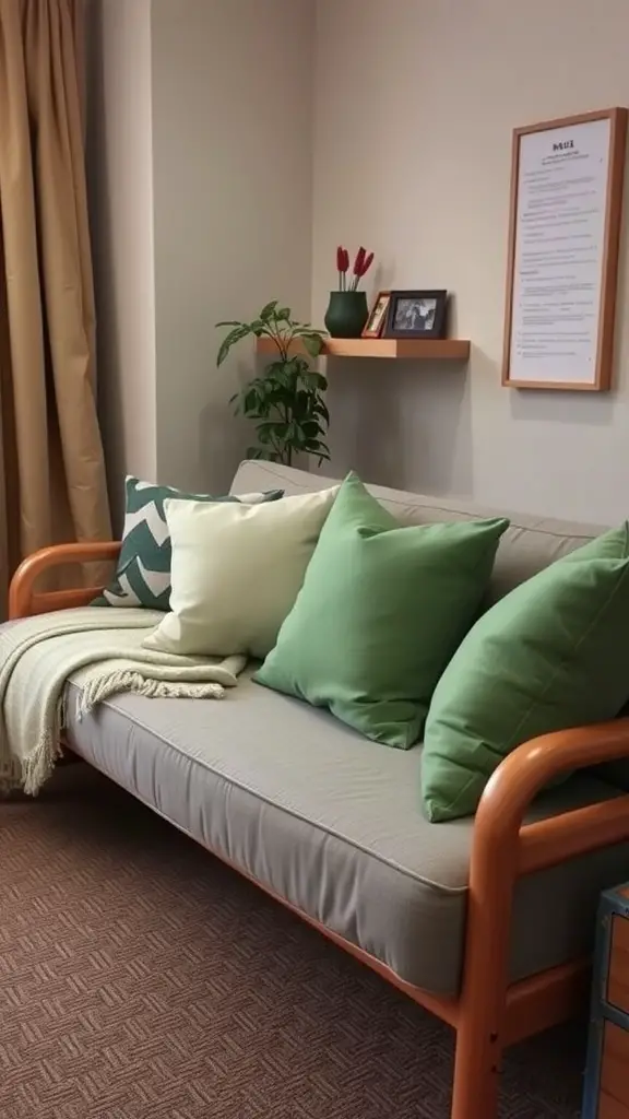 Cozy dorm room couch with sage green throw pillows