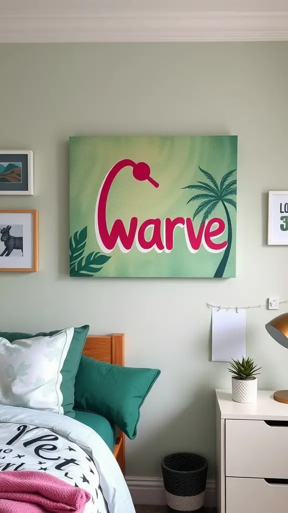 Wall art in a dorm room featuring tropical elements and the word 'Curve', with a sage green background.