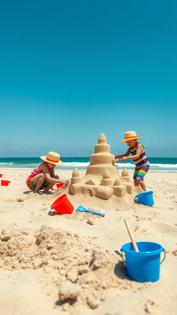 15 Fun Outdoor Activities for Kids to Enjoy 17 Two children building a sandcastle at the beach with buckets and shovels under a clear blue sky.