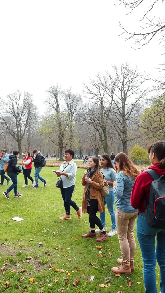 23 Fun Outdoor Party Games for Unforgettable Gatherings 8 Group of people participating in a scavenger hunt outdoors, with trees in the background
