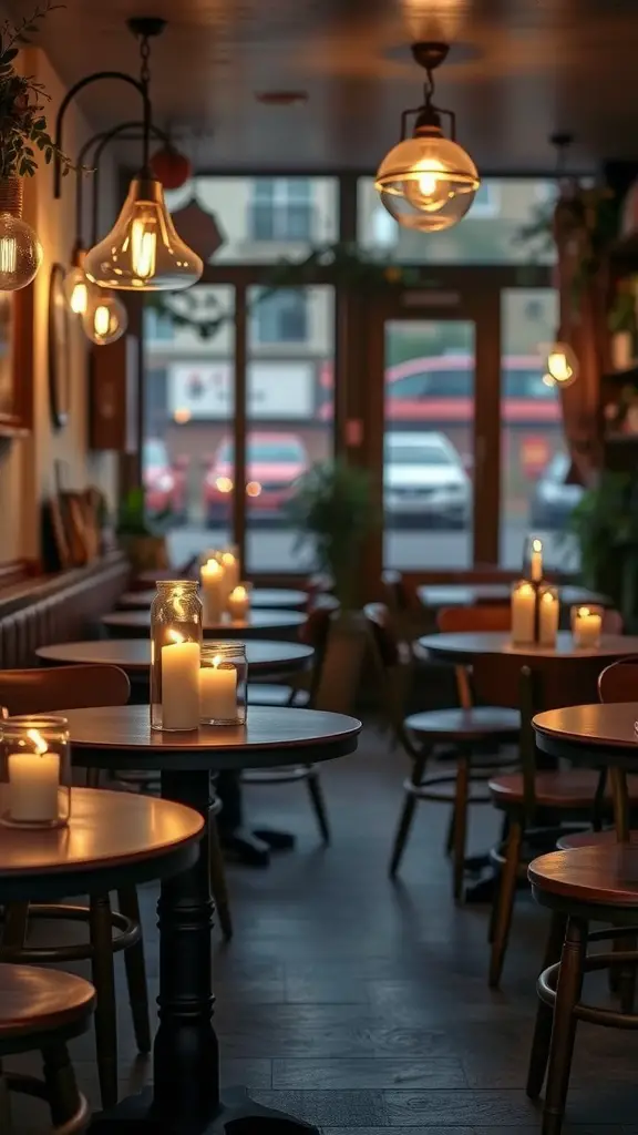 19 Cozy Cafe Ideas to Inspire Your Perfect Coffee Shop Theme 15 A cozy cafe with tables set for guests, each featuring flickering candles that create a warm atmosphere.