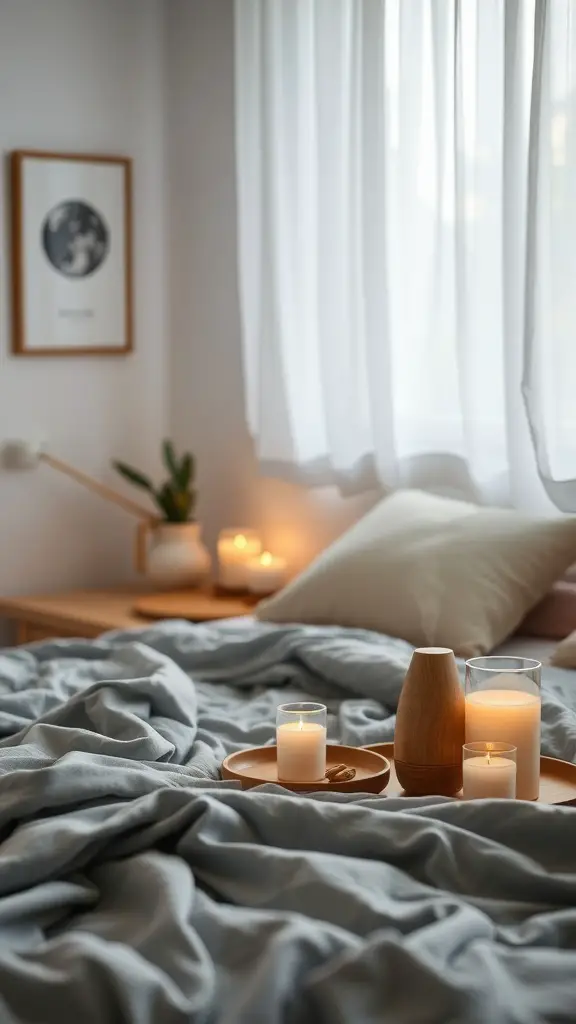 15 Cozy Apartment Bedroom Ideas for Ultimate Comfort 14 A cozy bedroom scene with soft bedding, lit candles, and a diffuser on a bedside table.