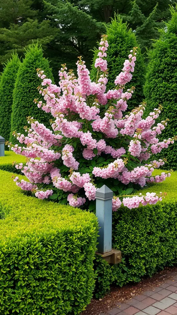 23 Stunning Flowering Shrubs to Transform Your Garden 14 A vibrant flowering shrub with pink blooms surrounded by green hedges.