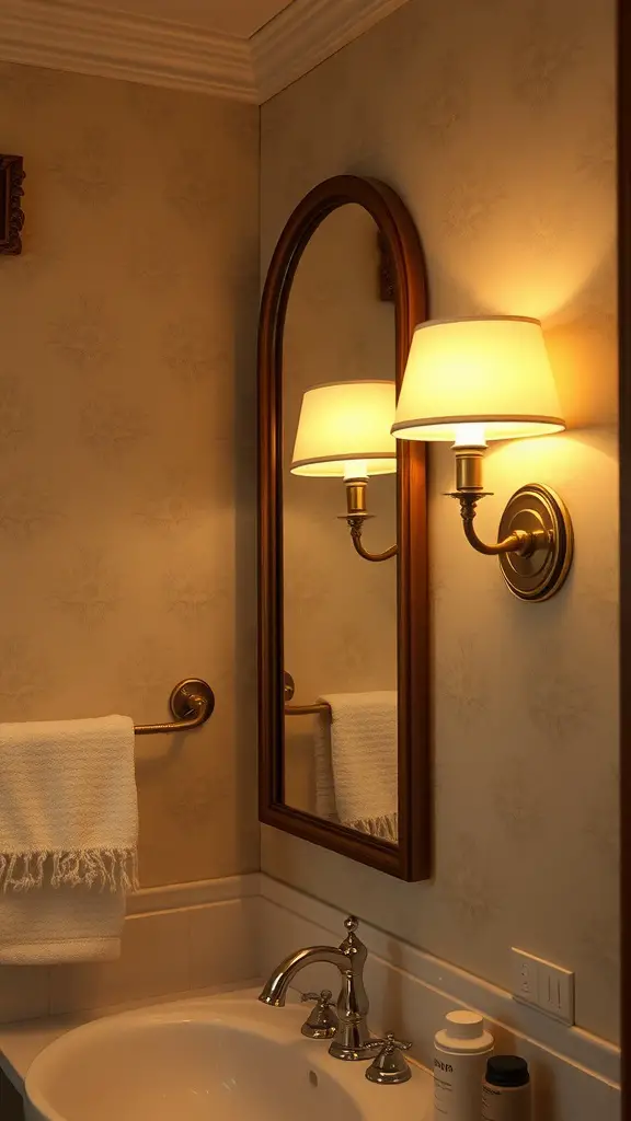 19 Stunning Bathroom Mirror and Lighting Ideas You’ll Love 15 Bathroom with a warm sconce light next to a mirror and a towel rack.
