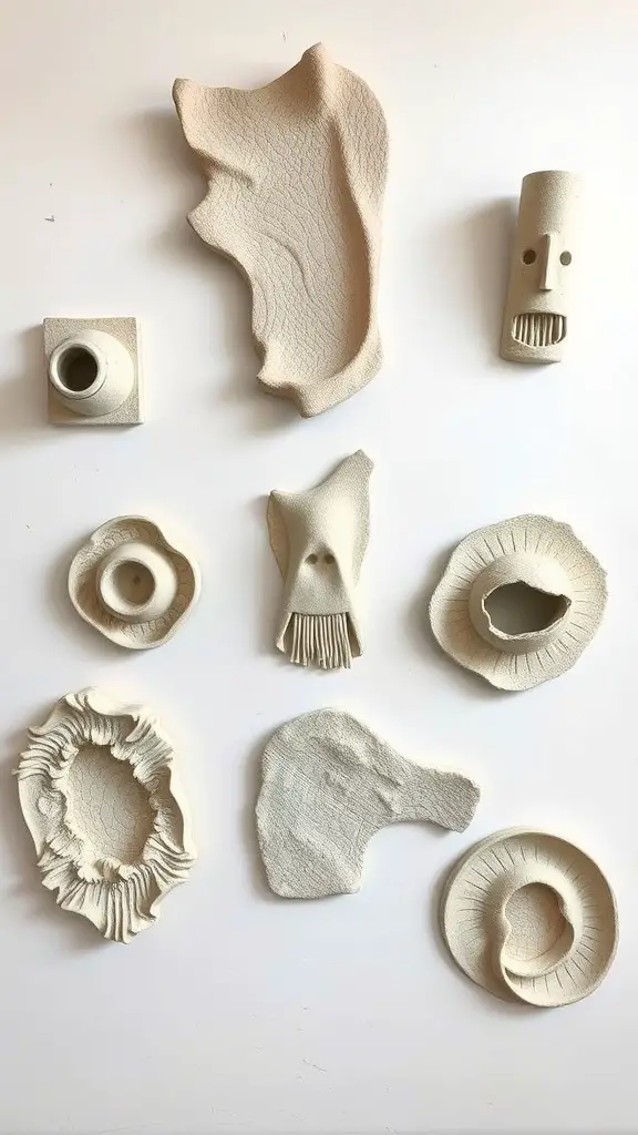27 Creative DIY Ceramic Projects to Inspire Your Next Craft Adventure 7 Various sculpted ceramic wall art pieces arranged creatively