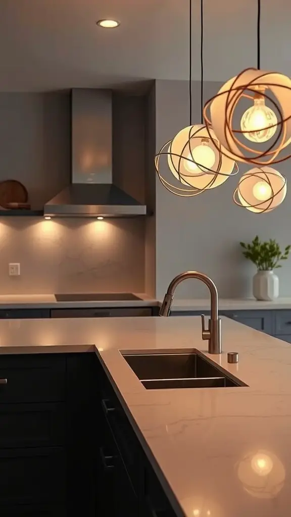 21 Stylish Above Sink Lighting Ideas for Your Kitchen 13 Artistic pendant lighting over a modern kitchen sink and countertop