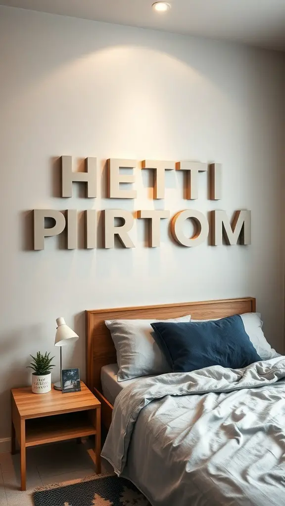 19 Creative Dorm Wall Decor Ideas to Personalize Your Space 14 A dorm room featuring sculptural wall art with the name 'HETTI PIIRTOM' above a neatly made bed.
