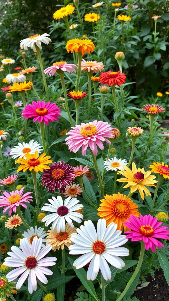25 Stunning Shade Garden Ideas to Transform Your Outdoor Space 9 A colorful display of daisies in various shades of pink, yellow, and white blooming in a garden.