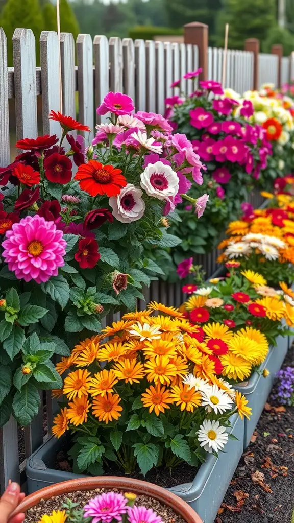 17 Creative Raised Flower Bed Ideas for Your Fence Garden 15 Colorful seasonal flowers in raised beds along a white wooden fence