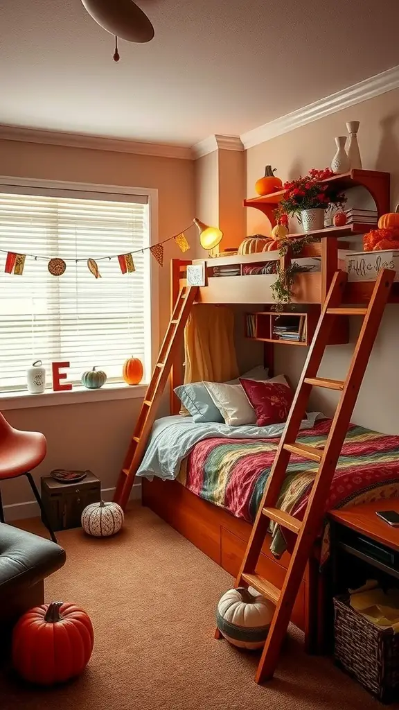 19 Cozy Dorm Room Aesthetic Ideas to Transform Your Space 17 A cozy dorm room decorated for fall with pumpkins and colorful banners.