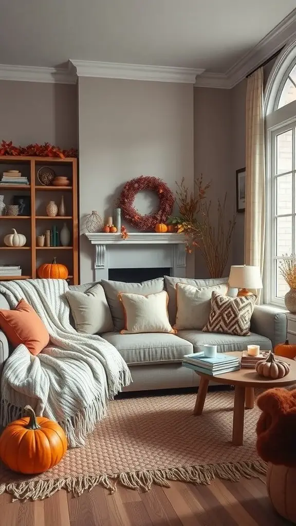 21 Cozy Living Room Ideas to Transform Your Space 12 Cozy living room decorated for autumn with pumpkins, blankets, and warm colors.