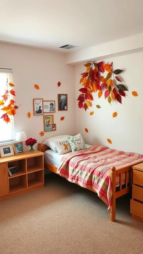 19 Creative Dorm Wall Decor Ideas to Personalize Your Space 17 A cozy dorm room decorated with autumn leaves on the wall, a plaid blanket on the bed, and framed photos, creating a warm atmosphere.