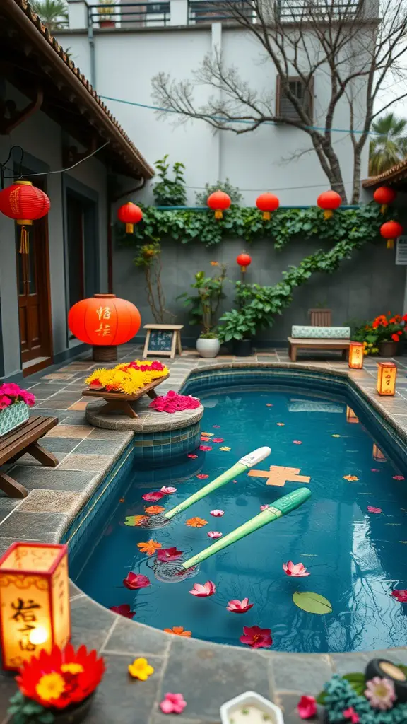 15 Creative Ideas for Small Backyard Pools 16 A small backyard pool decorated with red lanterns, floating flowers, and cozy seating