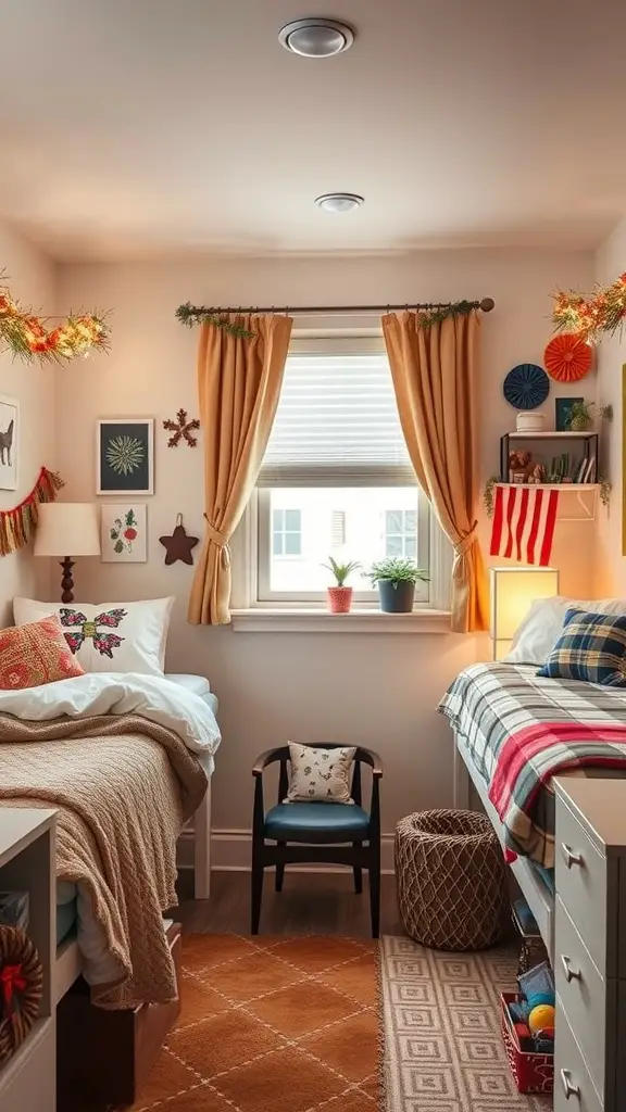 23 Creative Triple Dorm Room Ideas to Maximize Space and Style 17 A cozy triple dorm room decorated seasonally with two beds, colorful throws, and warm lighting.