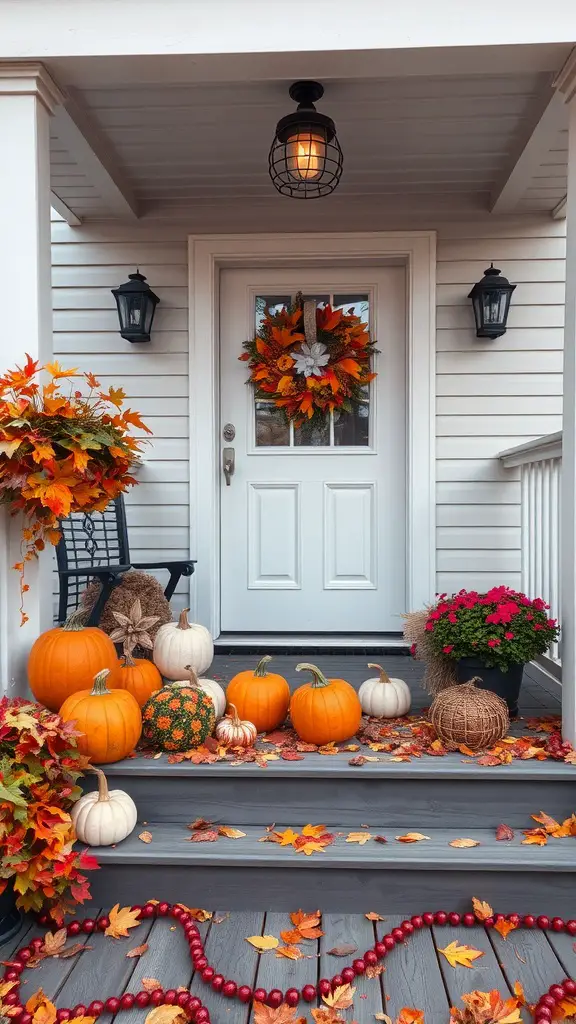 19 Inspiring Front Deck Ideas You'll Love 13 A decorated front deck for fall featuring pumpkins, colorful leaves, and a festive wreath.