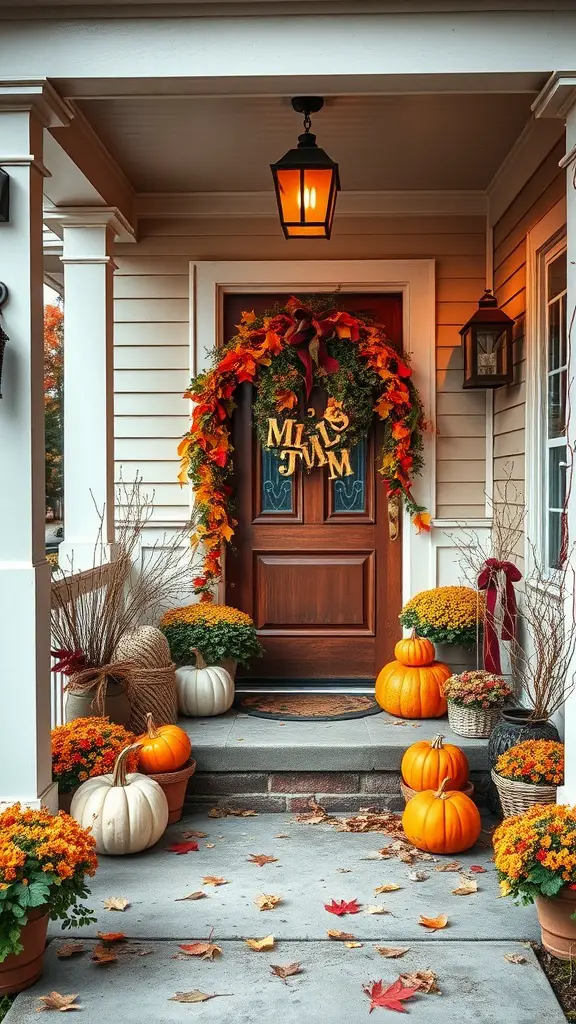 25 Stylish Porch Entryway Ideas to Upgrade Your Home's Curb Appeal 4 A fall-themed porch with pumpkins, a colorful wreath, and potted mums.