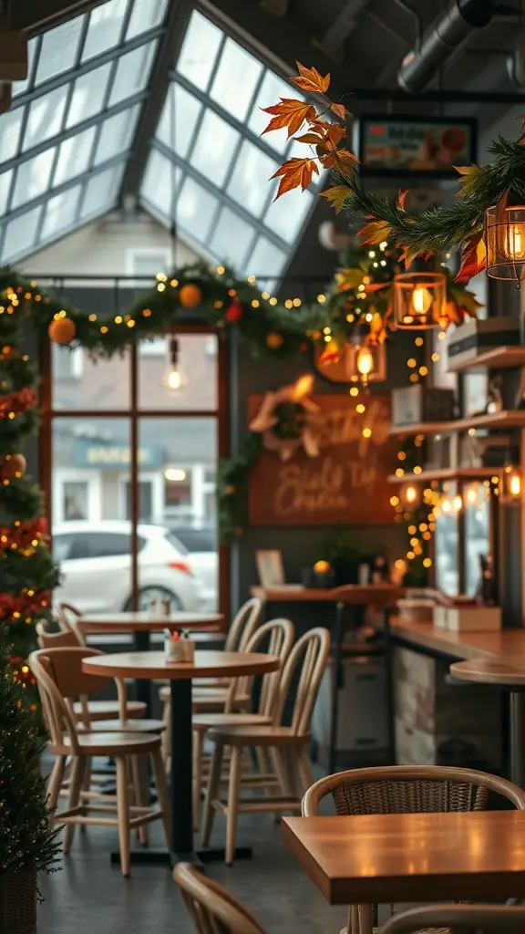 19 Cozy Cafe Ideas to Inspire Your Perfect Coffee Shop Theme 2 A cozy cafe decorated for the season with greenery, lanterns, and warm lighting.