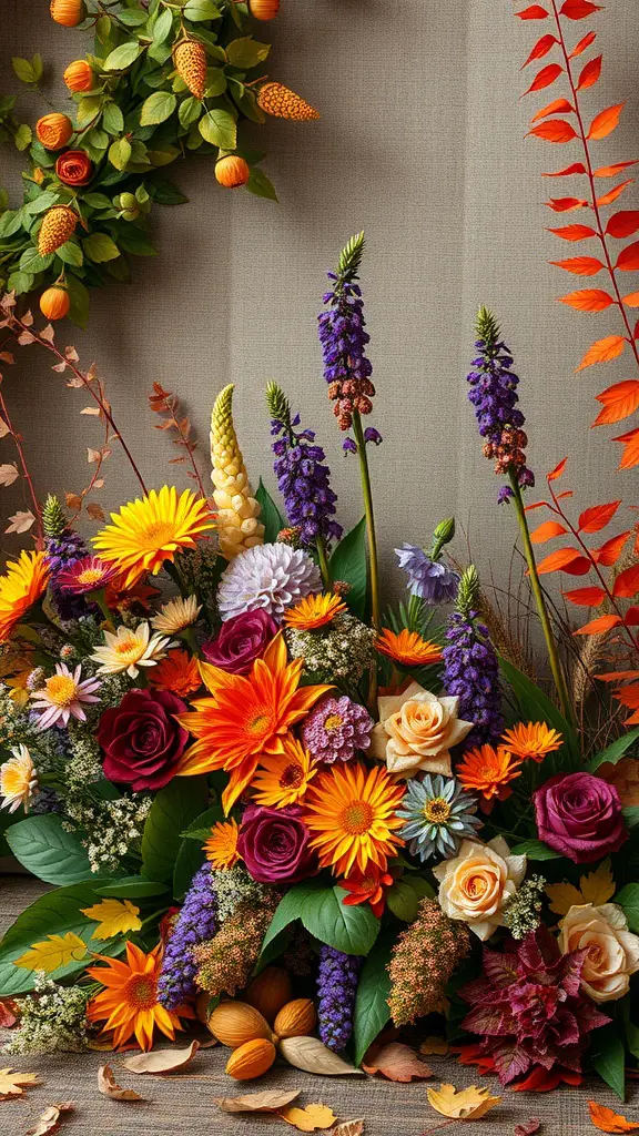 17 Charming Autumn Baby Shower Ideas for a Cozy Celebration 18 Colorful autumn floral arrangement with sunflowers, roses, and autumn leaves.