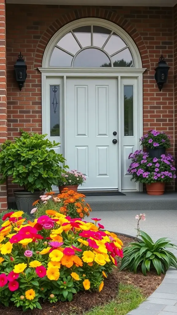 25 Stunning Front Entry Landscaping Ideas for a Welcoming Home 7 Colorful seasonal flower arrangements at a front entry with a white door and brick facade.