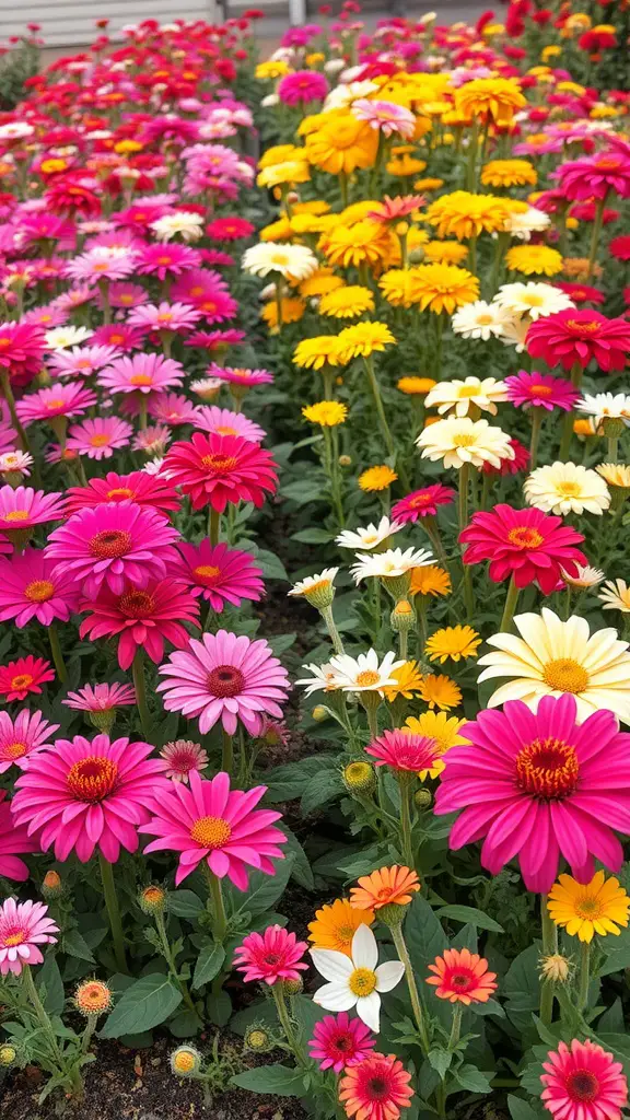 A vibrant flower bed featuring pink, yellow, and white blooms, showcasing seasonal flowers.