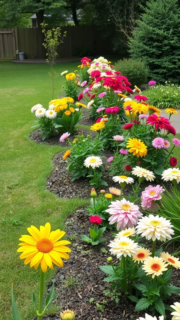 A vibrant flower bed featuring a variety of colorful flowers, including yellow, pink, and red blooms, arranged in a neat row.