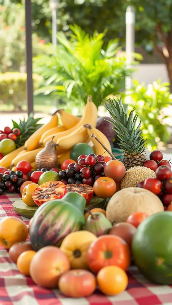 A colorful arrangement of various seasonal fruits on a table outdoors.