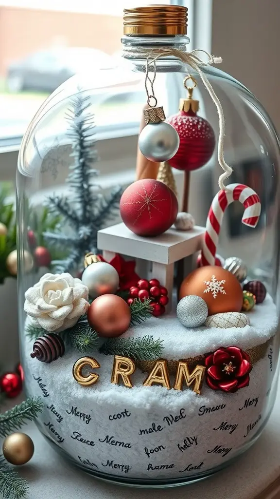 17 Creative Terrarium Ideas to Inspire Your Green Thumb 12 A holiday-themed terrarium featuring ornaments, a small house, and faux snow, with the word 'CRAM' displayed.