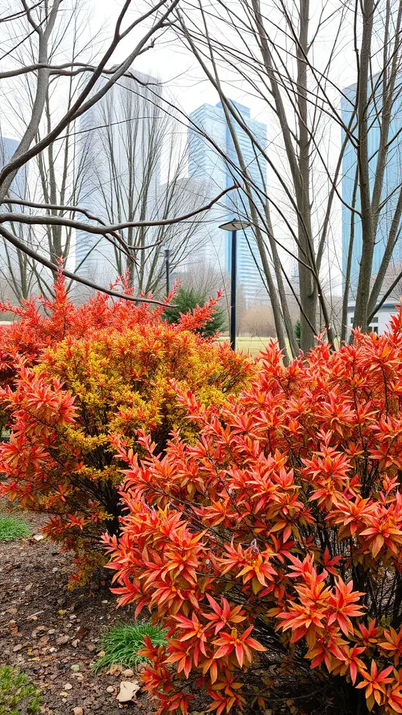 23 Stunning Shrubs for Beautiful Landscaping Ideas 16 Colorful deciduous shrubs with orange and red leaves in a landscaped area.