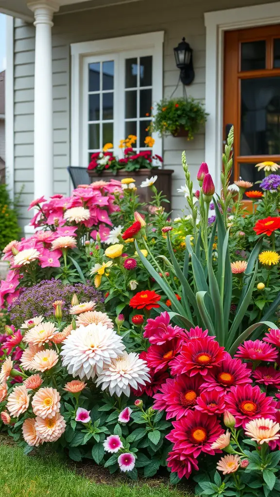A front yard filled with colorful flowers, showcasing seasonal plant rotation ideas.