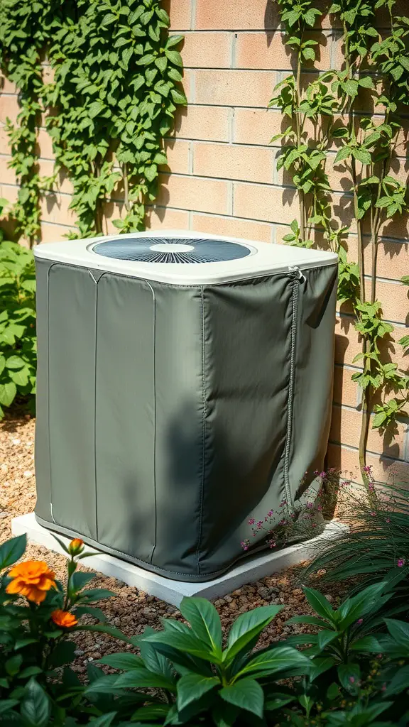 15 Creative Outdoor Ideas for AC Unit Covers 10 Outdoor AC unit covered with a gray protective cover surrounded by green plants