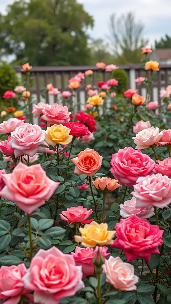 29 Stunning Rose Garden Ideas to Elevate Your Outdoor Space 12 A vibrant rose garden featuring a variety of pink and yellow roses in full bloom.