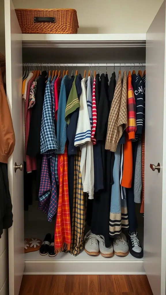 19 Creative Dorm Closet Organization Ideas You Need to Try 16 A neatly organized closet displaying seasonal clothing with visible shoes and a storage basket on top.